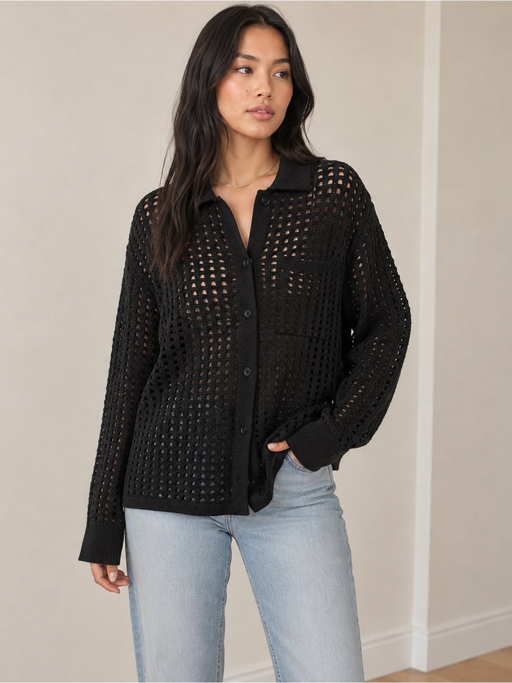 Oak + Fort Black Open Knit Mesh Button-Up Shirt S/M